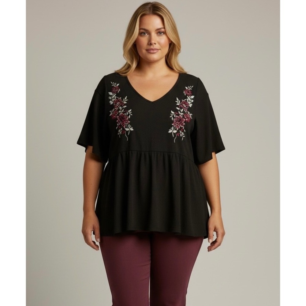 BLOOM Chic Plus Size 22 Black Embroidered Floral V Neck Peplum Top - Picture 2 of 8